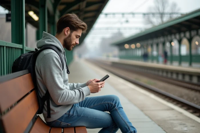 Jeune homme vérifiant les zones de son abonnement Navigo sur l'application mobile en attendant son train