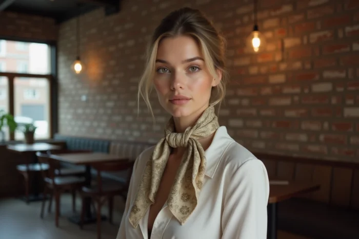 Femme portant une tenue simple rehaussée par un unique foulard en soie comme accessoire distinctif