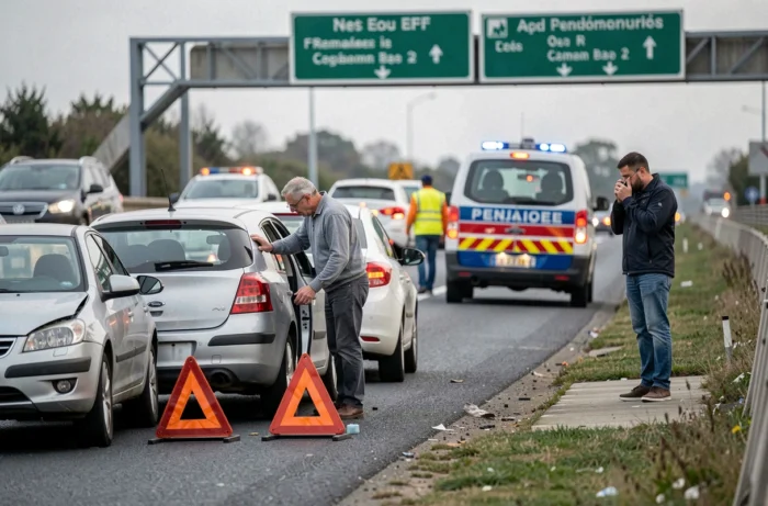 Accident mineur sur le bas-côté d'une autoroute française avec forces de l'ordre et conducteurs impliqués, illustrant la sinistralité routière