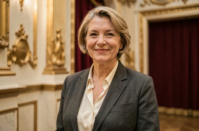 Actrice française élégante de 50 ans dans le hall d'un théâtre parisien, portrait inspirant au cinéma