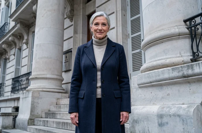 Actrice française de 60 ans devant un immeuble haussmannien à Paris, portrait éditorial élégant et inspirant