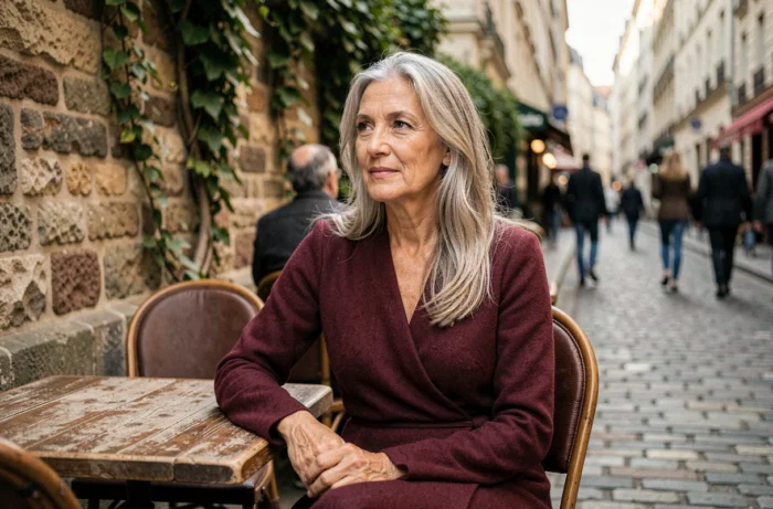Femme actrice française aux cheveux argentés assise dans un café de Montmartre, rayonnante et inspirante