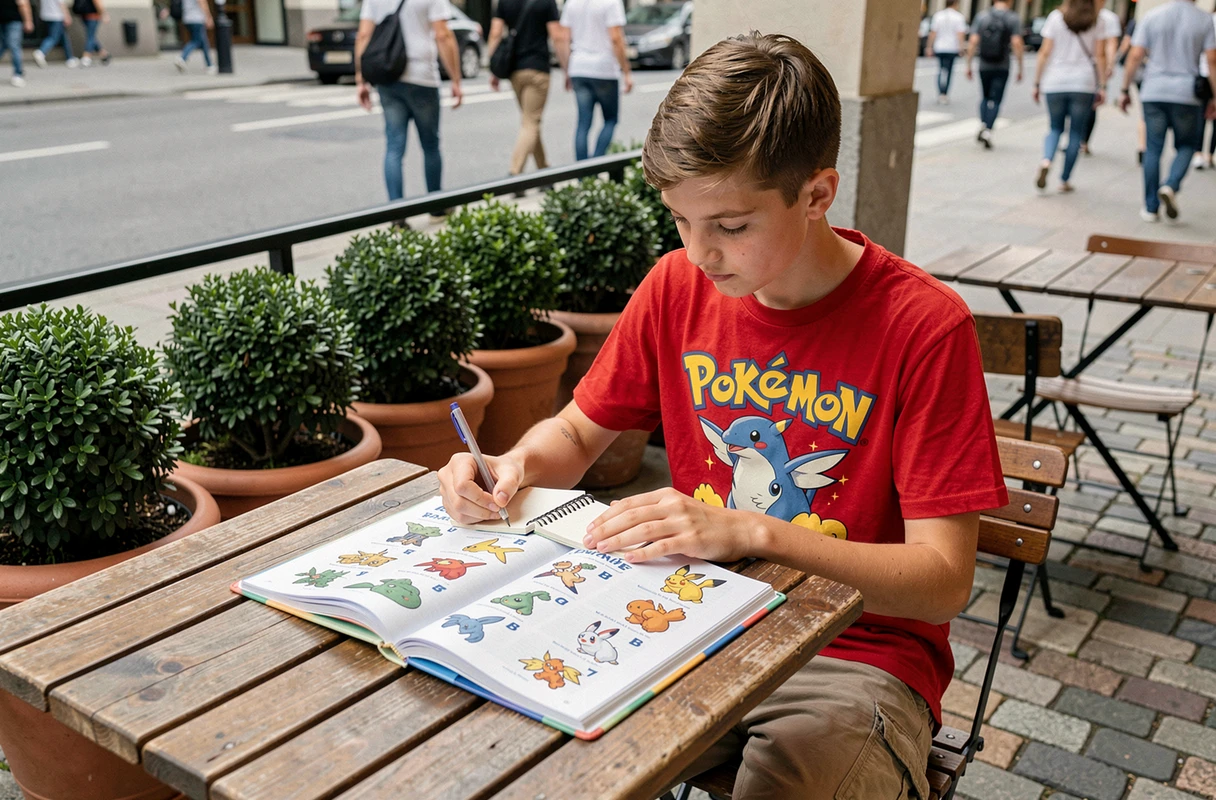 Un adolescent prend des notes en consultant une encyclopédie illustrée des Pokémon en B à la terrasse d'un café urbain, entouré d'un cadre authentique