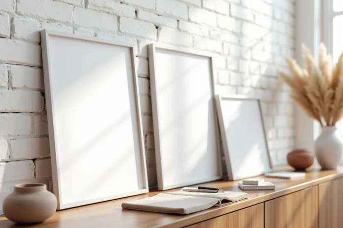 Affiches vides personnalisables posées contre un mur en brique blanche dans un salon décoré