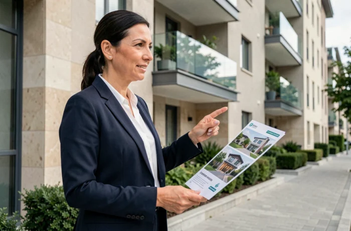 Agent immobilière professionnelle devant un immeuble moderne présentant un bien immobilier à vendre