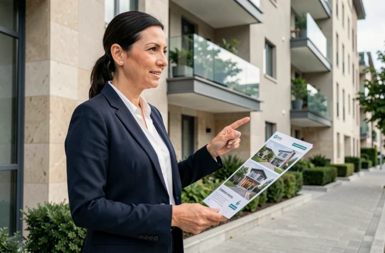 Agent immobilière professionnelle devant un immeuble moderne présentant un bien immobilier à vendre