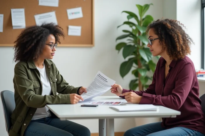 Jeune femme recevant des conseils juridiques sur ses droits du travail dans un centre d'aide juridique communautaire