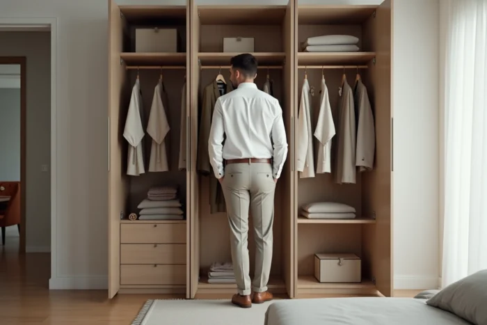 Homme stylé devant une armoire bien organisée choisissant sa tenue du jour