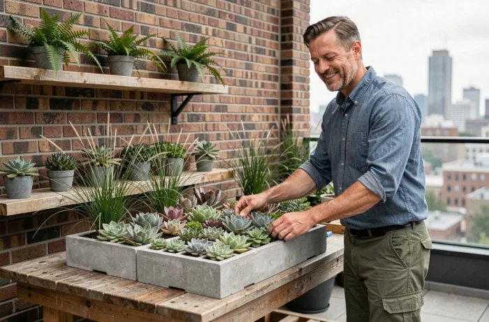 Homme aménageant une terrasse urbaine tendance avec des succulentes et graminées ornementales dans des jardinières en béton recyclé