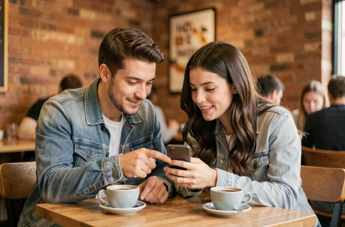 Deux amis dans un café consultant ensemble un smartphone pour apprendre à enlever un Bitmoji sur Snapchat