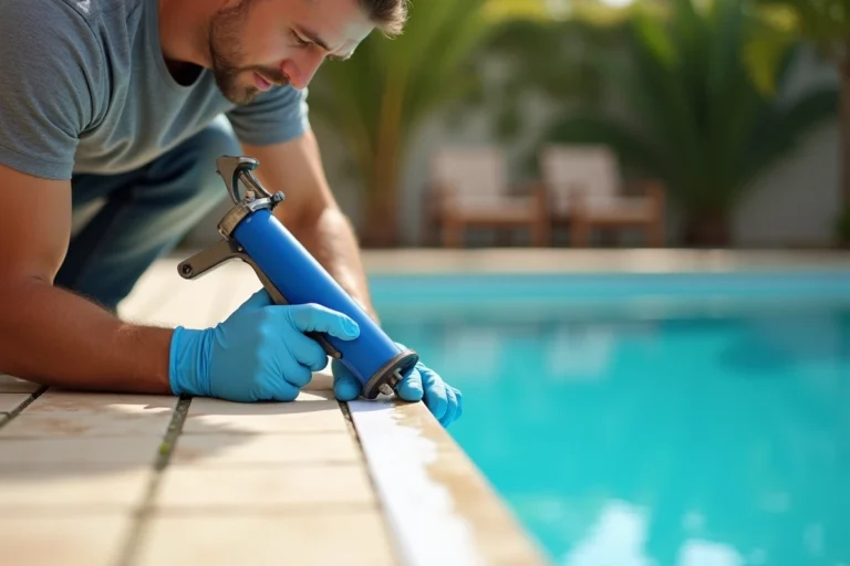 Poseur appliquant un joint époxy blanc sur le carrelage d'une piscine extérieure avec un pistolet à silicone