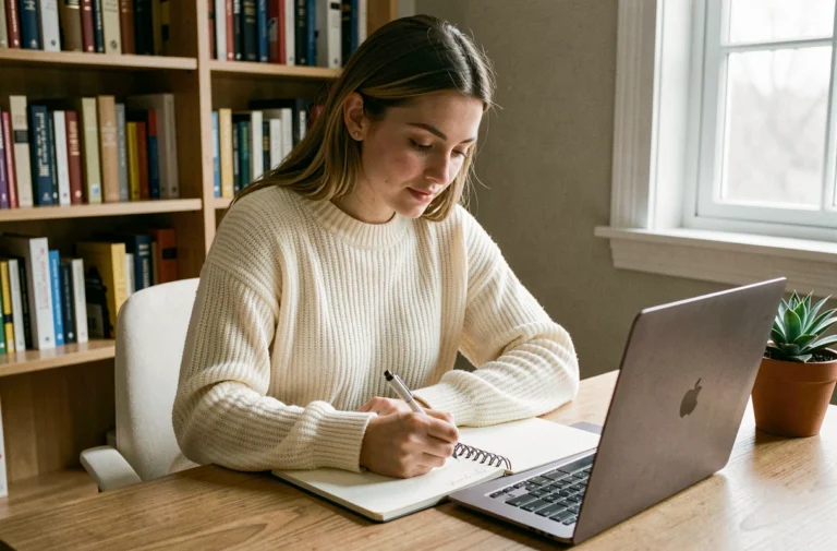 Jeune femme apprenant en ligne sur son ordinateur portable dans un bureau à domicile bien organisé, prenant des notes manuscrites