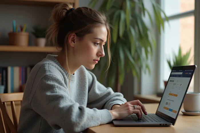 Femme consultant son historique de commandes Amazon sur un ordinateur portable dans un bureau à domicile