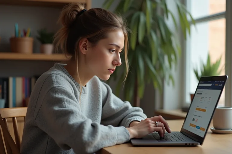 Femme consultant son historique de commandes Amazon sur un ordinateur portable dans un bureau à domicile
