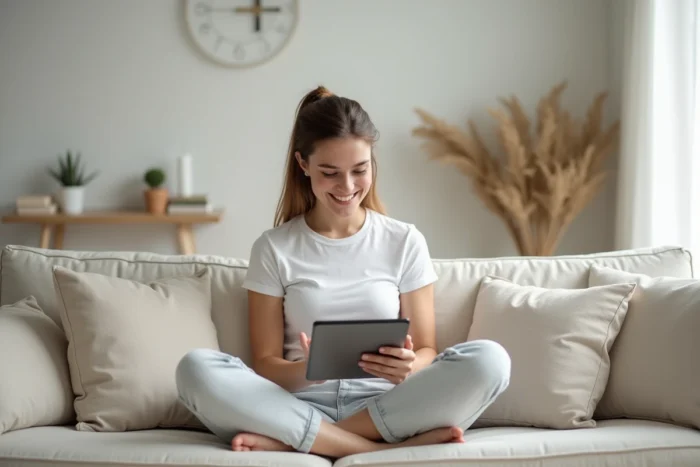 Jeune femme consultant les paramètres de commande Amazon sur une tablette dans un salon minimaliste