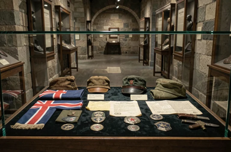 Vitrine de musée présentant des artefacts militaires authentiques des forces alliées et de l'Axe durant la Seconde Guerre mondiale