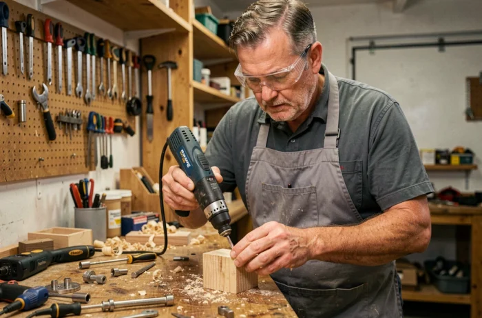 Artisan utilisant un outil multifonction Dremel pour sculpter du bois dans un atelier de bricolage