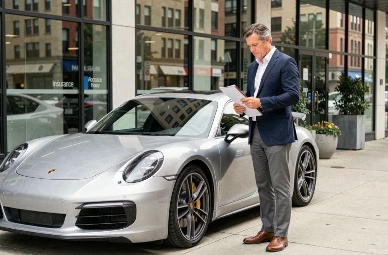 Homme d'affaires examinant des documents d'assurance auto devant une Porsche 911 argentée garée en ville