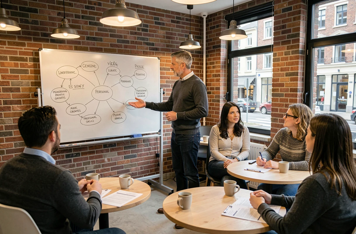 Formateur animant un atelier de développement personnel dans un espace de coworking à Liège en Wallonie