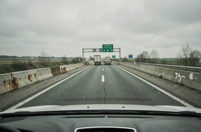 Vue depuis l'intérieur d'un véhicule sur une autoroute française chargée, illustrant les risques routiers et la dangerosité des grands axes