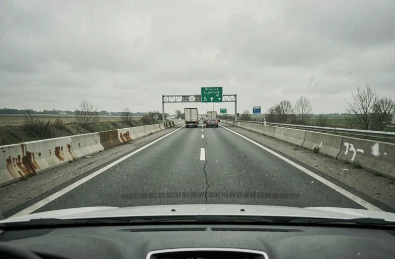 Vue depuis l'intérieur d'un véhicule sur une autoroute française chargée, illustrant les risques routiers et la dangerosité des grands axes