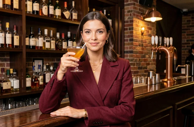 Femme élégante savourant un cocktail dans un bar tendance de Paris avec décoration Art Déco et briques apparentes