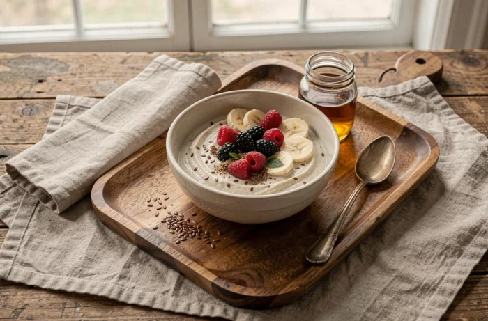 Bol de crème Budwig avec fruits frais et graines de lin sur une table en bois rustique