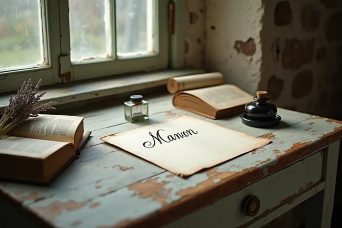 Calligraphie du prénom Manon sur une carte vintage posée sur un bureau ancien avec un dictionnaire étymologique