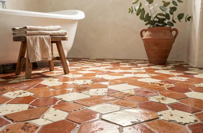 Sol de salle de bain recouvert de carreaux de zellige artisanaux terracotta et ivoire aux reflets irréguliers