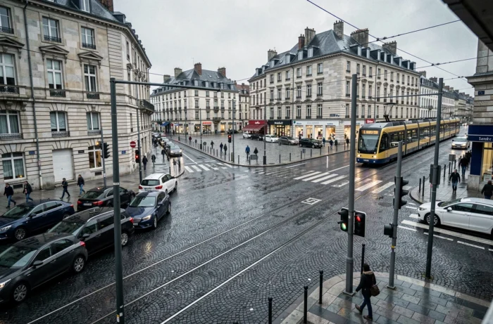 Carrefour urbain animé de Rennes avec tramway et circulation dense en heure de pointe