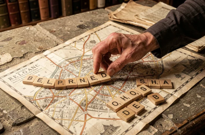 Carte vintage de villes belges avec des tuiles de lettres en bois évoquant les mots fléchés et les noms de communes