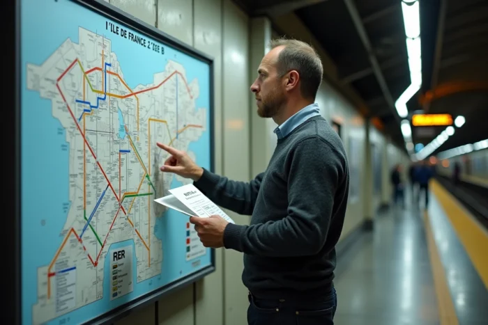 Voyageur consultant une carte des zones Navigo Île-de-France dans une station RER