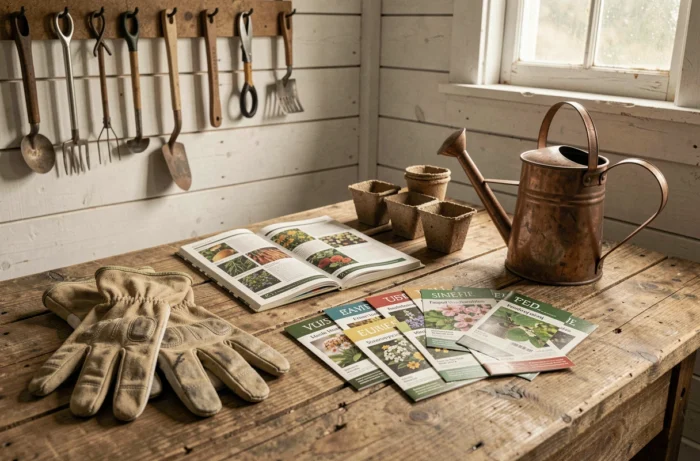 Catalogue de semences ouvert avec sachets de graines, gants de jardinier et arrosoir vintage sur une table de rempotage en bois, tendances jardinage