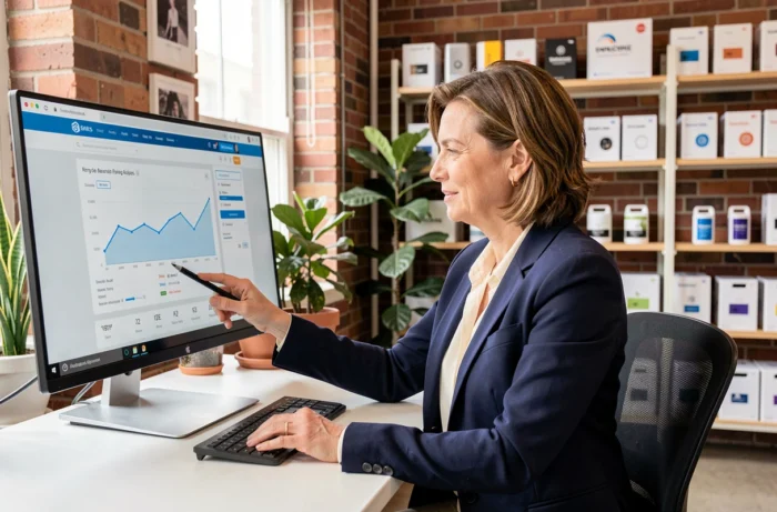 Cheffe d'entreprise d'une PME analysant les performances de son site web sur un tableau de bord numérique dans un bureau moderne