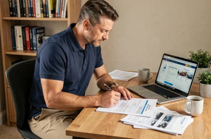 Homme comparant des offres d'assurance auto sur des documents et un ordinateur portable à son bureau