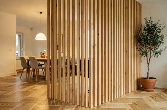 Claustra en tasseaux de bois séparant deux espaces dans un appartement moderne avec parquet en chevrons