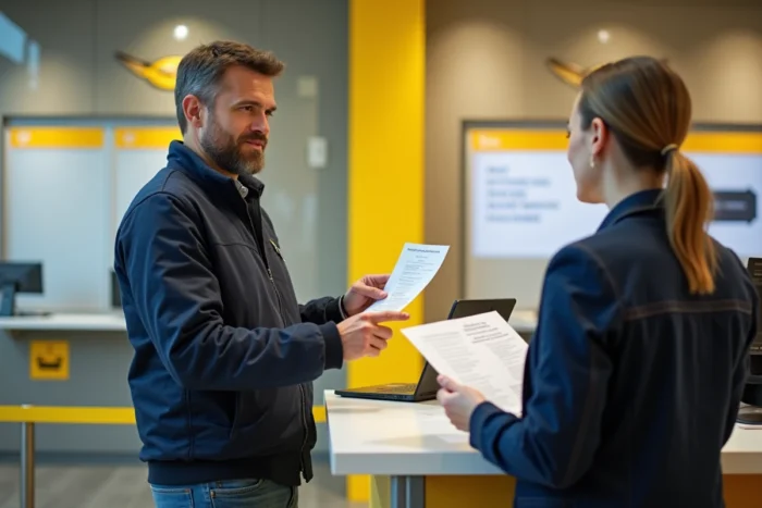Client en agence La Banque Postale interrogeant un conseiller sur le délai de traitement d'une opération bancaire