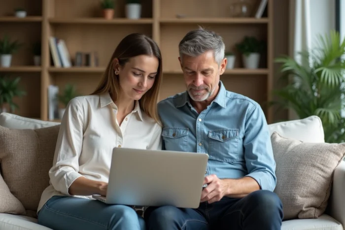 Couple de parents consultant ensemble une plateforme de coaching parental discret sur un ordinateur portable dans un salon moderne
