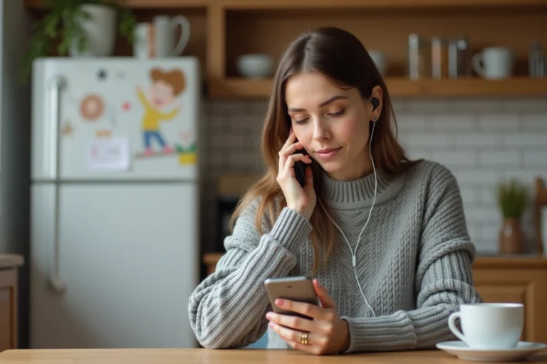 Mère dans la trentaine écoutant une séance de coaching parental discret via son smartphone dans une cuisine familiale chaleureuse