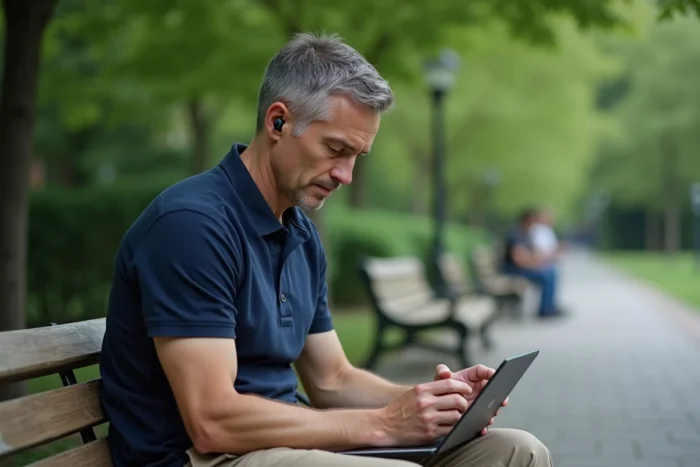 Père quadragénaire participant à une session de coaching parental en ligne sur une tablette dans un parc urbain calme