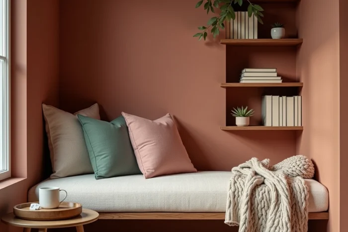 Coin lecture cosy aménagé dans une alcôve avec coussin bouclette, plaid tricoté et étagères de livres en bois