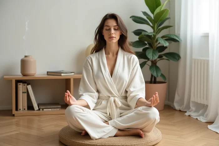 Femme en robe de lin méditant dans un coin bien-être minimaliste à domicile avec plantes et diffuseur d'arômes