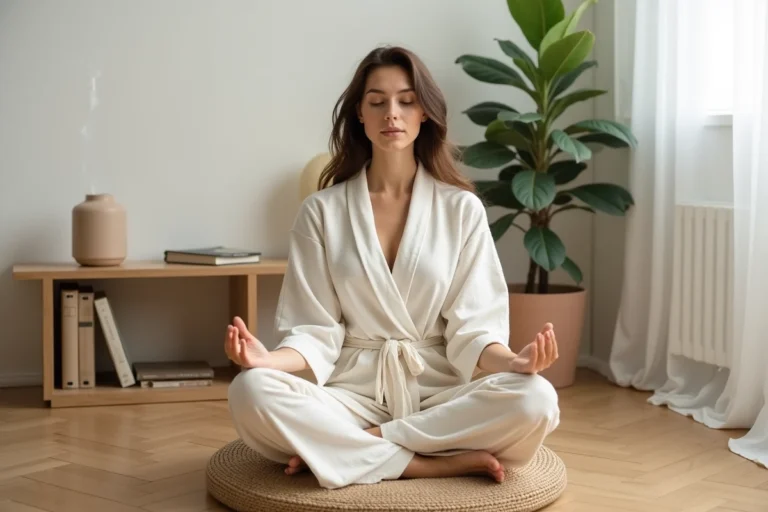 Femme en robe de lin méditant dans un coin bien-être minimaliste à domicile avec plantes et diffuseur d'arômes