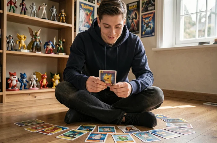 Un jeune homme passionné examine une collection de cartes Pokémon commençant par la lettre B, assis sur un plancher en bois entouré de cartes éparpillées