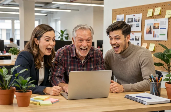 Groupe de collègues réagissant avec surprise à des tendances insolites sur un ordinateur portable au bureau