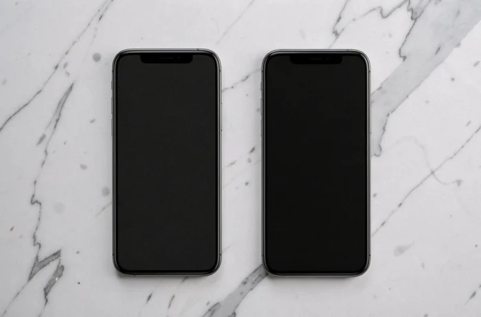 Comparaison de taille entre l'iPhone 7 et l'iPhone 7 Plus posés côte à côte sur une surface en marbre blanc