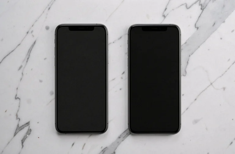 Comparaison de taille entre l'iPhone 7 et l'iPhone 7 Plus posés côte à côte sur une surface en marbre blanc