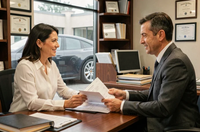 Conseillère et client en train de comparer des offres d'assurance pour une Porsche 911 dans un bureau professionnel