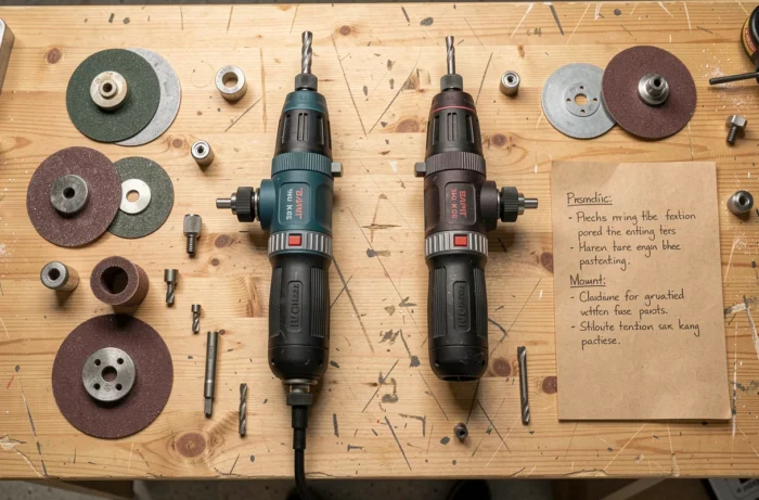 Comparatif à plat de deux outils multifonctions Dremel et Parkside avec leurs accessoires sur un établi en bois