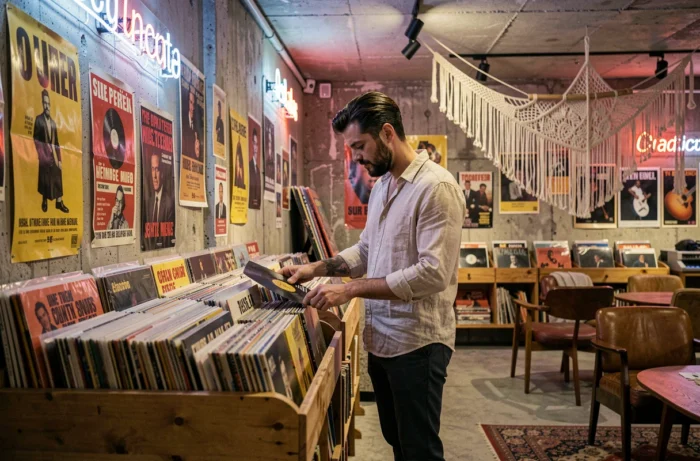 Homme parcourant des vinyles dans un concept store insolite de Paris mêlant musique jazz et décoration vintage